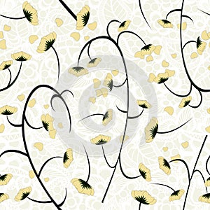 Yellow seamless flowers pattern on patchwork floral lace background. - Illustration.