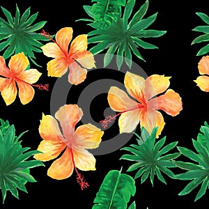 Yellow Seamless Nature. Black Pattern Leaves. Coral Tropical Palm. Organic Floral Design. Pink Flower Plant.