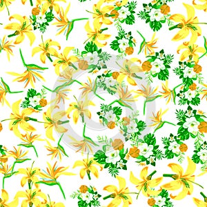 Yellow Seamless Nature. Organic Pattern Botanical. Green Tropical Botanical. Golden Flower Leaf. White Floral Botanical.