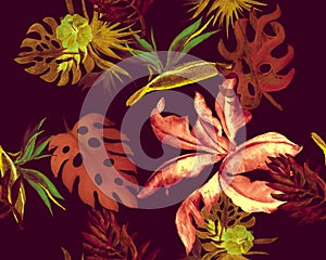 Yellow Seamless Set. Red Banana Leaf Textile. Pink Tropical Background. Orange Pattern Textile. Floral Backdrop.Monstera Plant. Su
