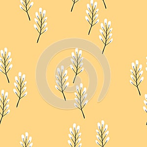 Yellow seamless spring pattern with branches and leaves.