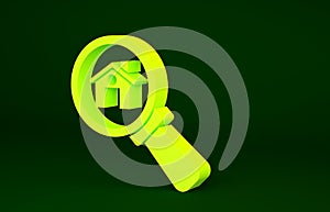 Yellow Search house icon isolated on green background. Real estate symbol of a house under magnifying glass. Minimalism