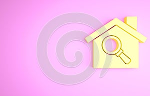 Yellow Search house icon isolated on pink background. Real estate symbol of a house under magnifying glass. Minimalism