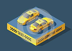 Yellow sedan car. Taxi transport, service. Infographics and game design concept. Taxi car design. Flat 3d isometric
