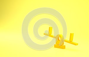 Yellow Seesaw icon isolated on yellow background. Teeter equal board. Playground symbol. Minimalism concept. 3d