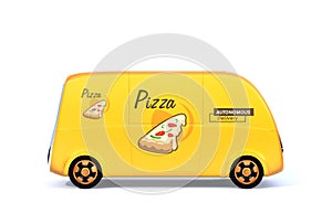 Yellow self-driving pizza delivery van on white background