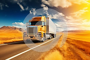 Yellow Semi Truck Driving Along Desert Road