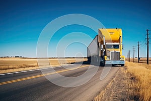 a yellow semi truck driving down the road