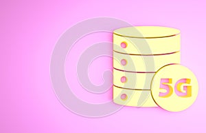 Yellow Server 5G new wireless internet wifi connection icon isolated on pink background. Global network high speed