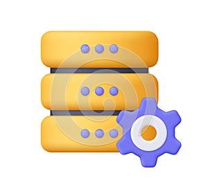 Yellow server with purple gear. Technology, cloud computing, hosting, devops, system settings, data management and IT