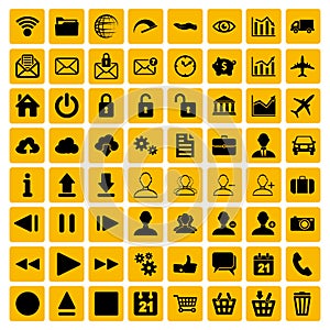 Yellow set of black flat web, multimedia and business icons on a