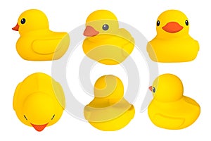 Yellow set rubber duck isolated. Bath toys on a white background.