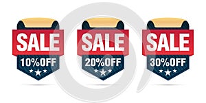 Yellow set of sale badges, 10%, 20%, 30% off