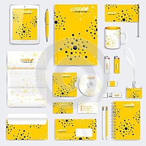 Yellow set of vector corporate identity template. Modern medical stationery mock-up. Branding design with molecule