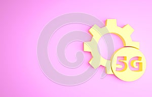 Yellow Setting 5G new wireless internet wifi connection icon isolated on pink background. Global network high speed