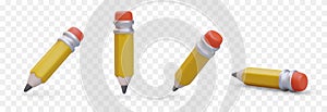 Yellow sharpened pencil with red eraser. Vector object in different positions