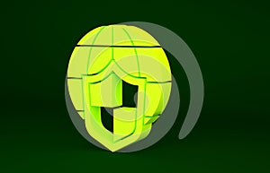 Yellow Shield with world globe icon isolated on green background. Insurance concept. Security, safety, protection