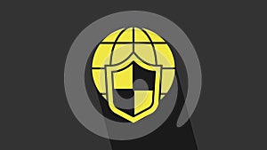 Yellow Shield with world globe icon isolated on grey background. Insurance concept. Security, safety, protection