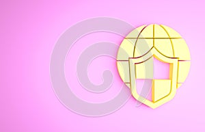 Yellow Shield with world globe icon isolated on pink background. Insurance concept. Security, safety, protection