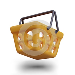 Yellow shopping basket with handles. Empty vector basket. Isolated 3D illustration for business