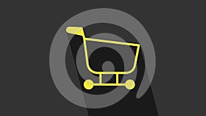 Yellow Shopping cart icon isolated on grey background. Food store, supermarket. 4K Video motion graphic animation