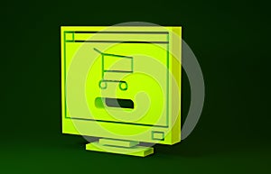 Yellow Shopping cart on screen computer icon isolated on green background. Concept e-commerce, e-business, online