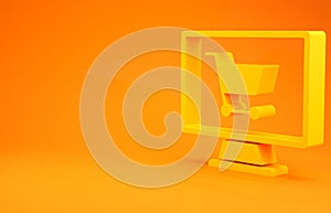 Yellow Shopping cart on screen computer icon isolated on orange background. Concept e-commerce, e-business, online