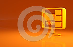 Yellow Shopping cart on screen computer icon isolated on orange background. Concept e-commerce, e-business, online