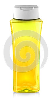 Yellow shower gel bottle isolated on white