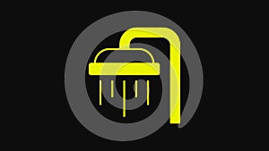 Yellow Shower head with water drops flowing icon isolated on black background. 4K Video motion graphic animation