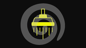 Yellow Shower head with water drops flowing icon isolated on black background. 4K Video motion graphic animation