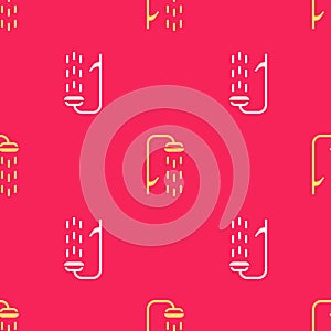 Yellow Shower head with water drops flowing icon isolated seamless pattern on red background. Vector