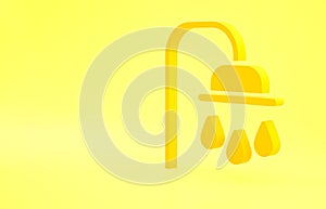 Yellow Shower head with water drops flowing icon isolated on yellow background. Minimalism concept. 3d illustration 3D
