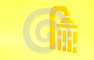 Yellow Shower head with water drops flowing icon isolated on yellow background. Minimalism concept. 3d illustration 3D