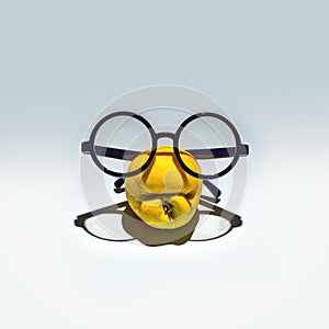 Yellow shrivelled apple with a grimace in glasses. On a light blue background