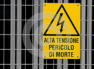 Yellow sign for danger high voltage attention in power station 2 photo