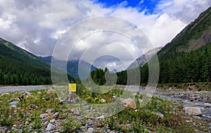 Yellow sign in line with the mountain river