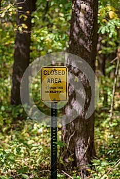 yellow sign on post in woods no hunting