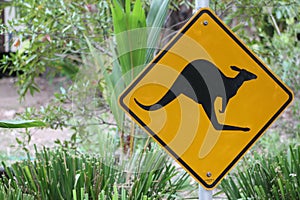 A yellow sign showing a kangaroo
