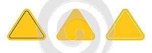 Yellow sign triangle warning icon vector graphic template set, danger hazard caution notification element symbol, error risk