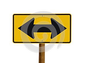 Yellow sign with two arrows pointing in opposite photo