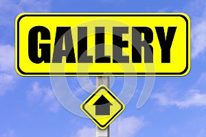Yellow signboard with the word Gallery written