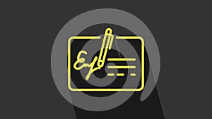 Yellow Signed document line icon isolated on grey background. Pen signing a contract with signature. Edit document sign