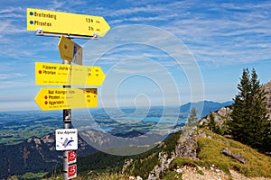 Yellow signposts on mountain top by panoramic view