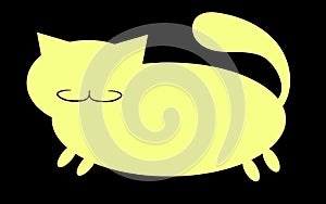 Yellow silhouette of a fat cat with a mustache, with short paws and a big snout with ears sticking upwards on a white background,