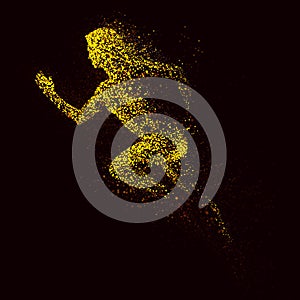 Yellow silhouette of running woman from particle divergent.