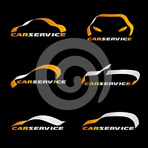 Yellow and silver ribbon line car logo vector set design on black background