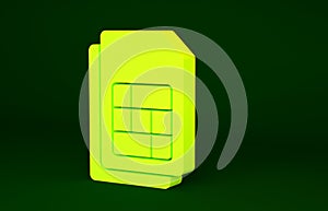 Yellow Sim card icon isolated on green background. Mobile cellular phone sim card chip. Mobile telecommunications