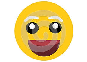 A yellow simile emoticon with red smiling mouth and white brows white backdrop