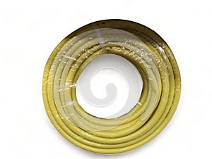 yellow skein of plastic-coated hose for watering-